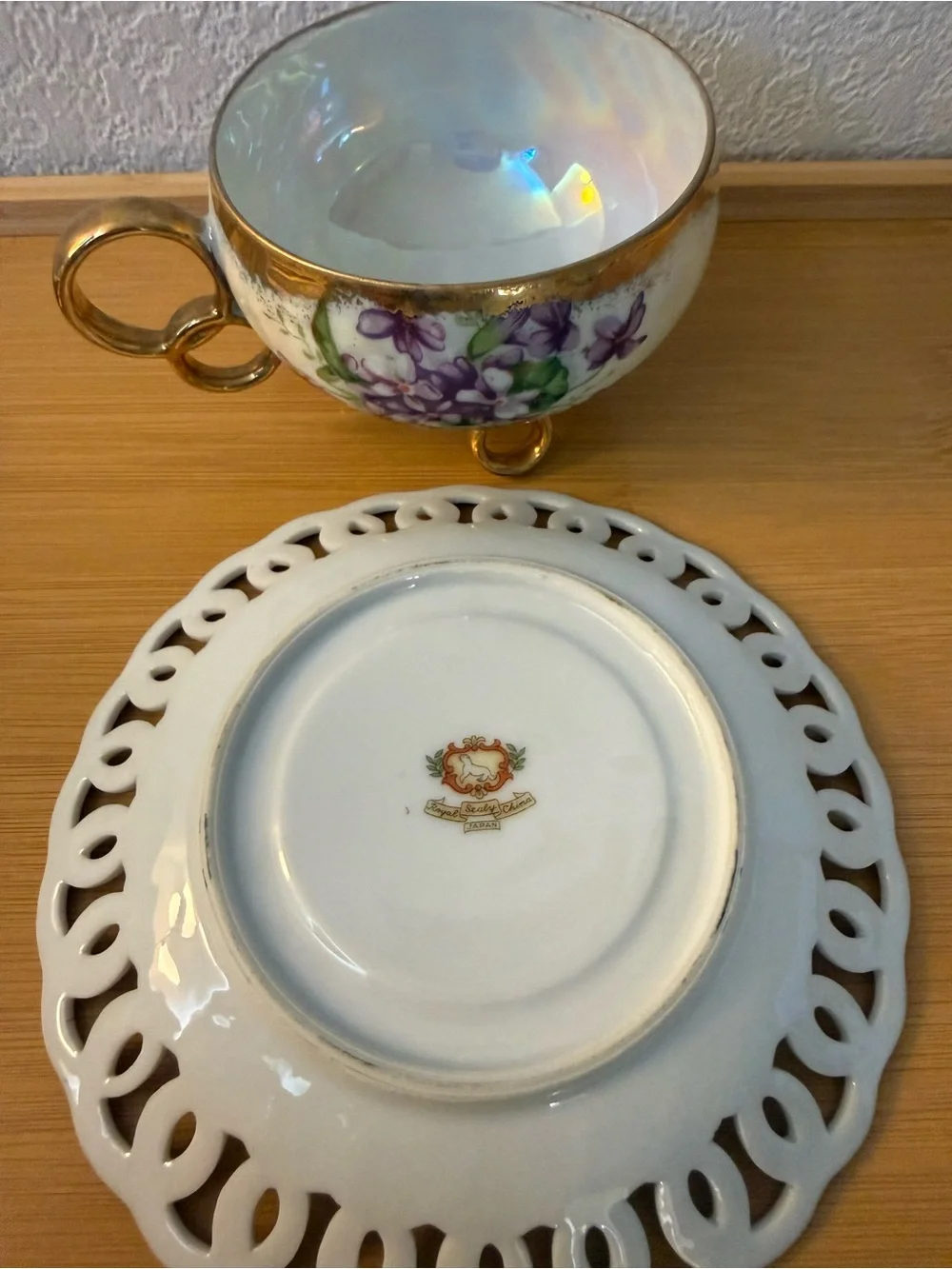 Vintage Japanese Royal Sealy Footed Floral/Violet Teacup & Saucer with Gold Trim